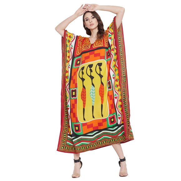 Women Multicolor Kaftan Tribal Printed Long Maxi Nighty Dress by Gypsie Blu - Picture 1 of 7